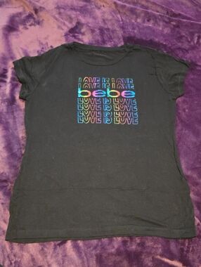Bebe Black Tee with Rainbow 'bebe' & Repeated 'Love Is' Graphic